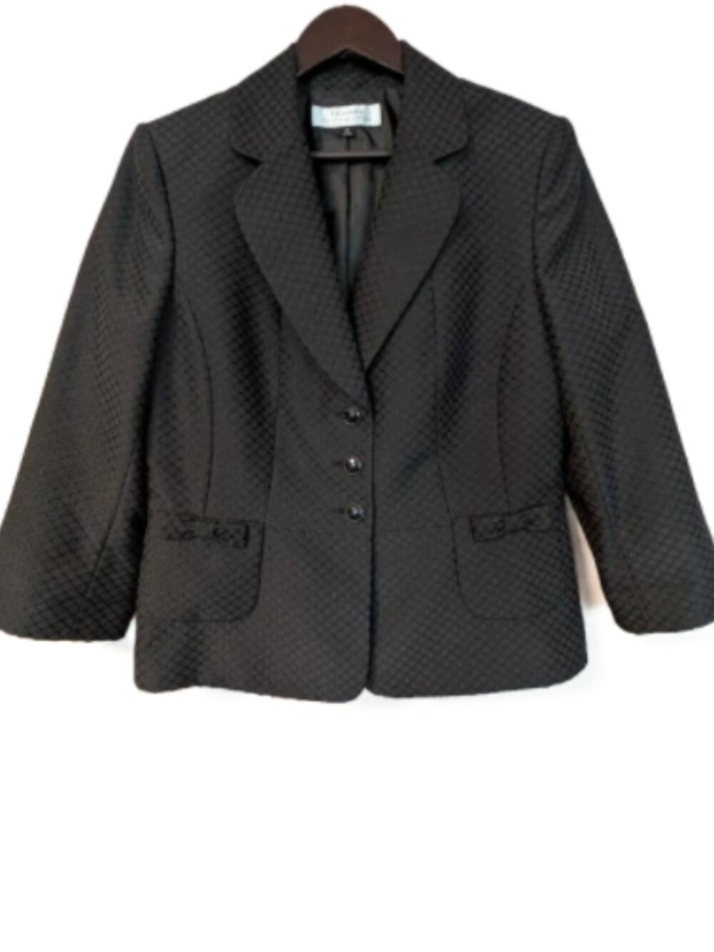 Vintage Tahari ASL Black Textured Jacquard Peplum Blazer Bow Pocket Jacket